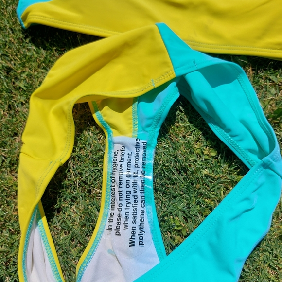 Juan Uc Womens Neon Bright Teal & Green Halter Two Piece Swimsuit Medium - Picture 3 of 5